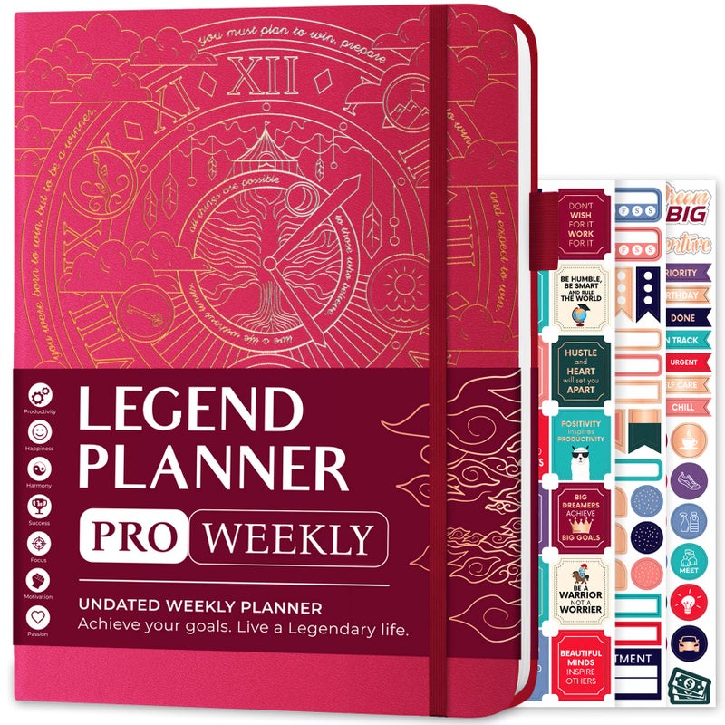 Legend Planner PRO â€“ Deluxe Weekly & Monthly Life Planner to Increase Productivity and Hit Your Goals. Time Management Organizer Notebook â€“ Undated â€“ 7 x 10" Hardcover + Stickers â€“ Hot Pink - Image 1